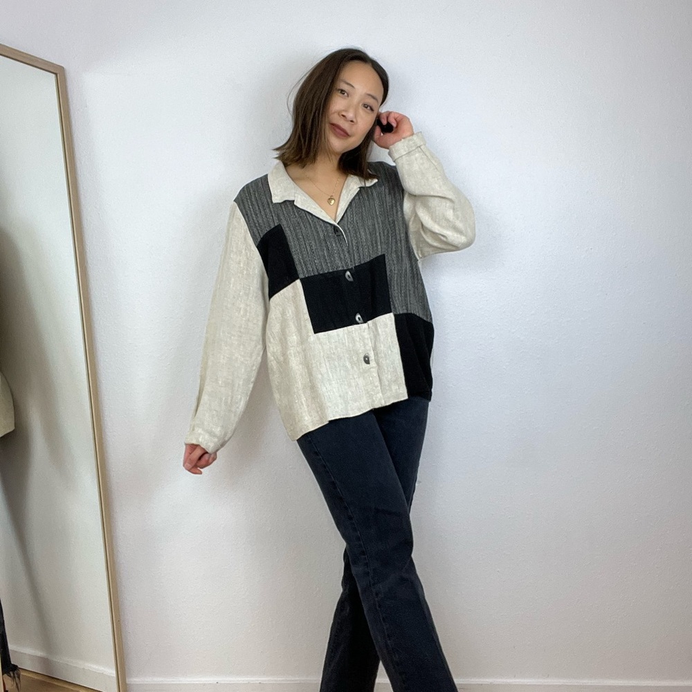 Linen Color Block Button Down Blouse